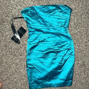 bebe Strapless Teal Satin Ruched Bodycon Dress
